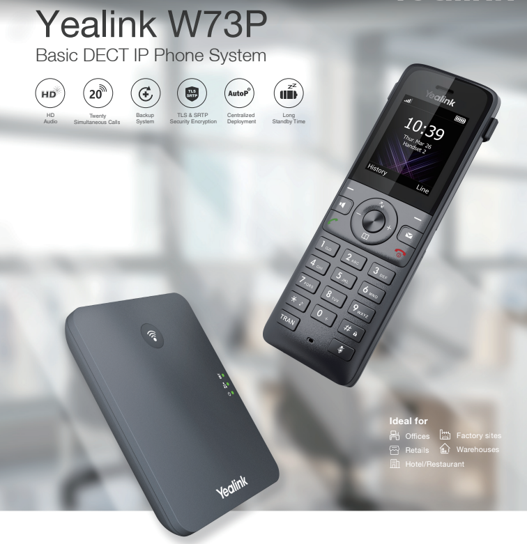 W73P VoIP SIP DECT kit (including 1 x W70B SIP DECT base station (AC + PoE) and 1 x W73H SIP DECT handset). W73P VoIP SIP DECT kit (including 1 x W70B SIP DECT base station (AC + PoE) and 1 x W73H SIP DECT handset).